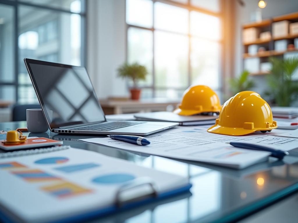 Mesa de escritório com capacetes de segurança amarelos, laptop, caneca, gráficos e plantas em ambiente iluminado.