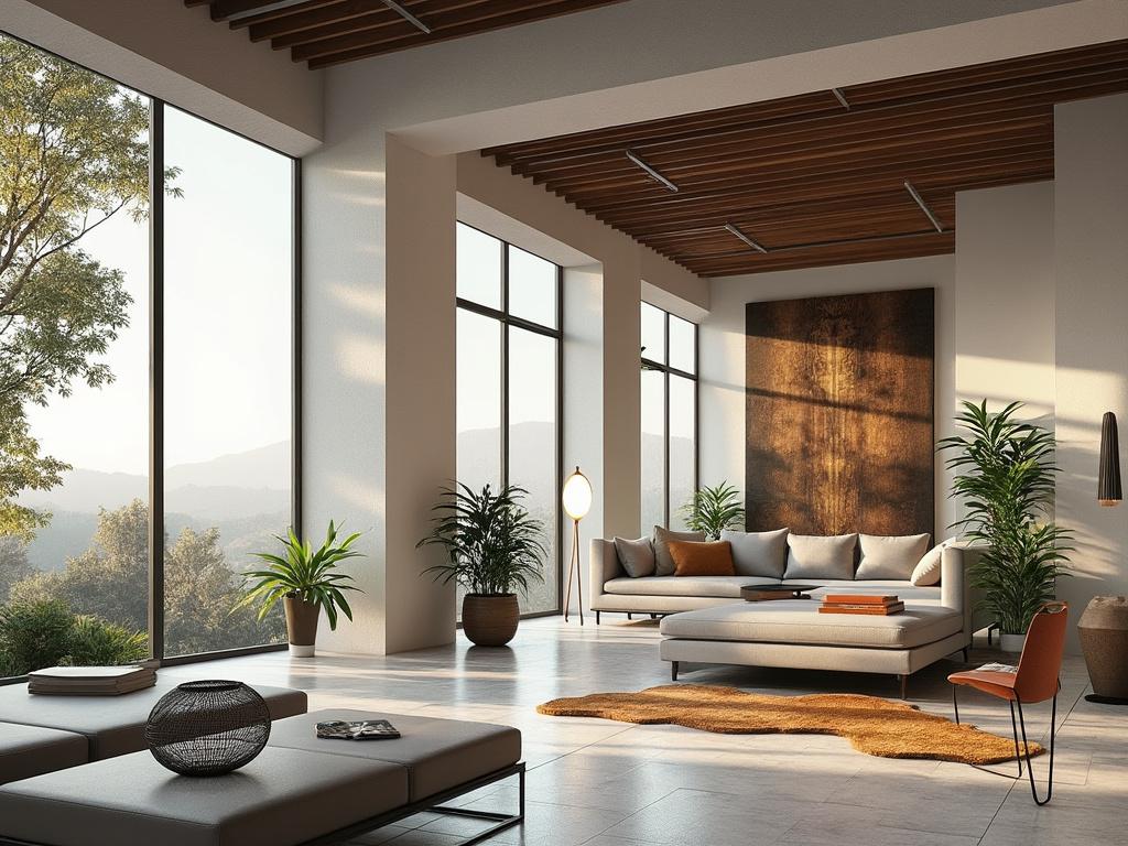 Sala de estar moderna con grandes ventanales, sofá gris, plantas decorativas y vista al paisaje exterior.