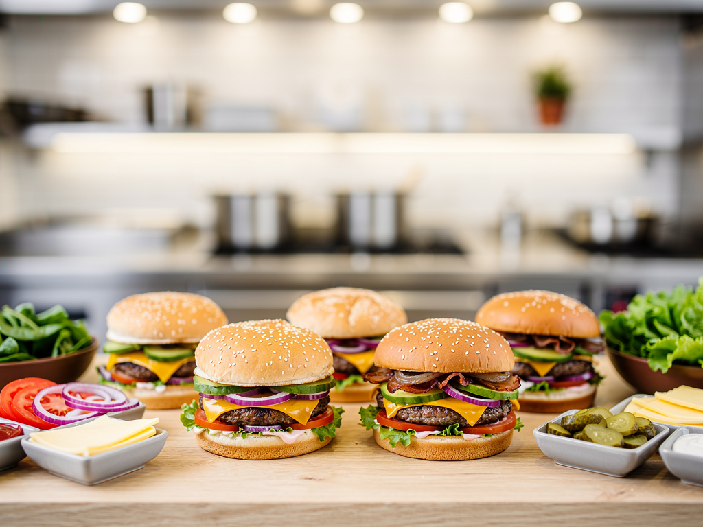Hamburguesas caseras con queso, tocino, verduras frescas y condimentos sobre mesa de cocina
