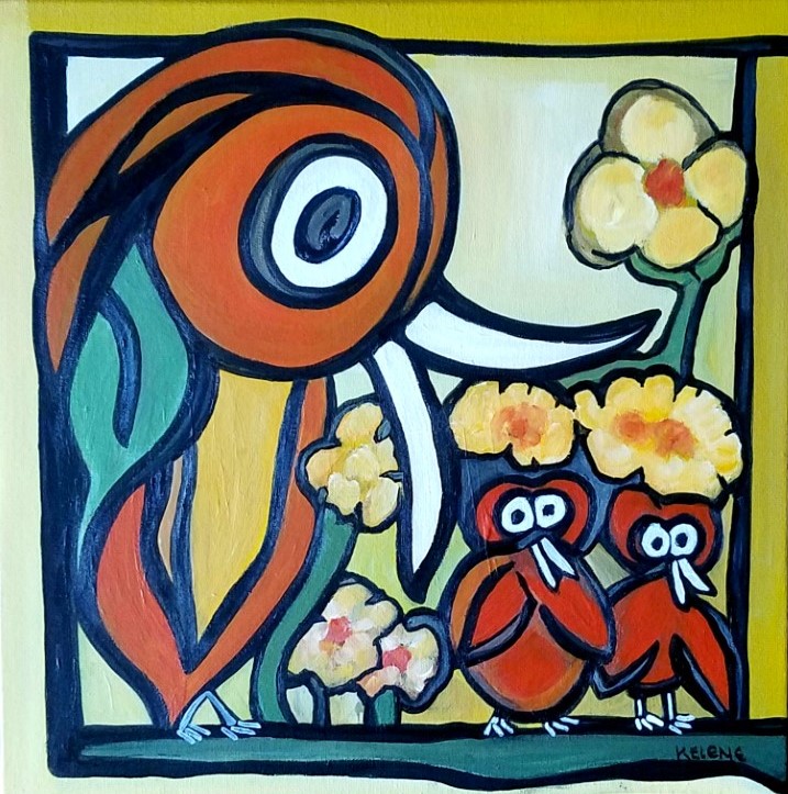 Title: Bird Family. 16 x 16 Acrylic on canvas. $250.00