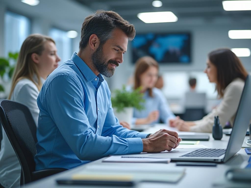Profesional trabajando en portátil durante reunión de equipo en oficina moderna