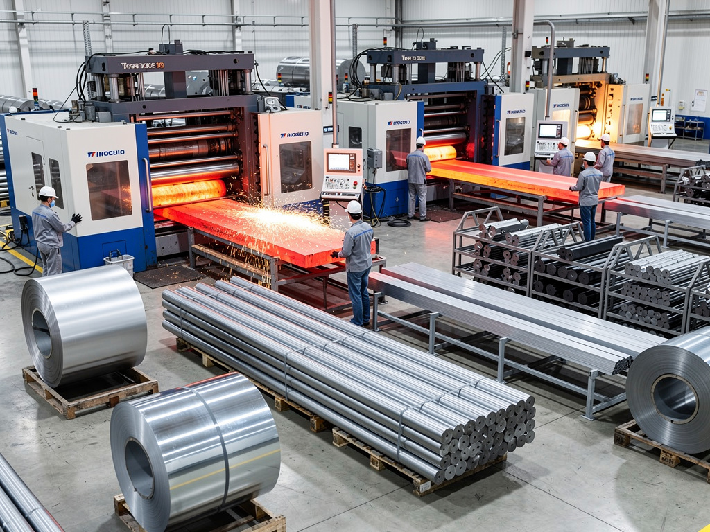 Fábrica metalúrgica con maquinaria industrial laminando acero al rojo vivo, operarios y bobinas de metal