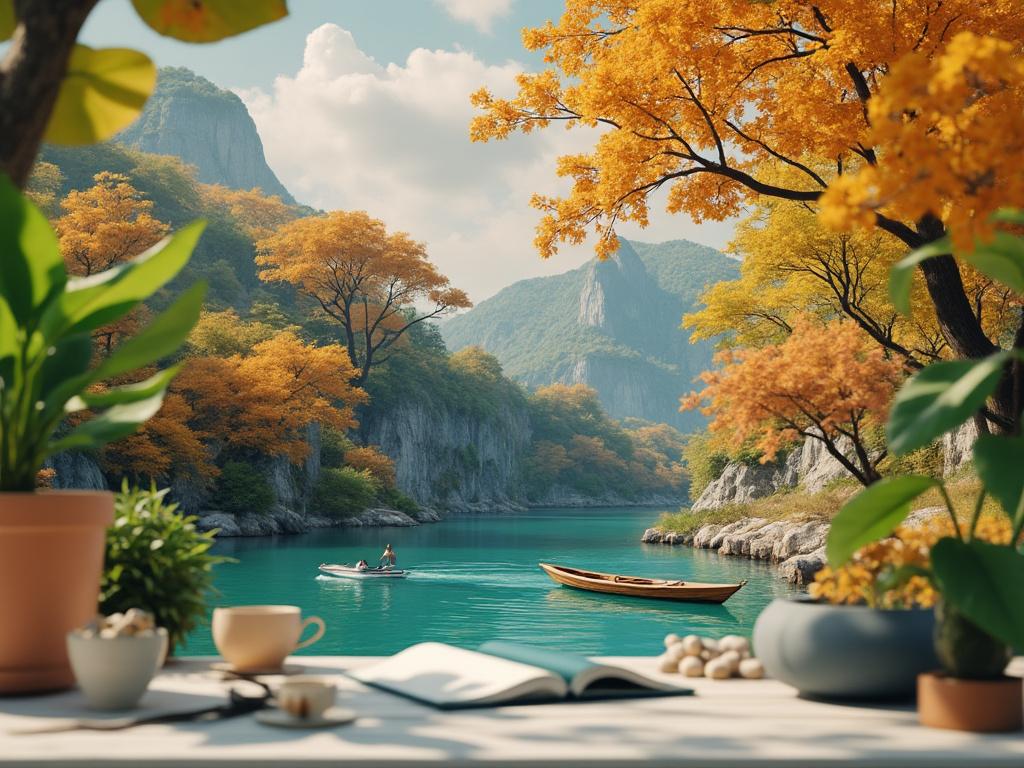 Scenic autumn landscape with colorful trees, calm turquoise river, boats, and a cozy outdoor table setting with plants and tea.