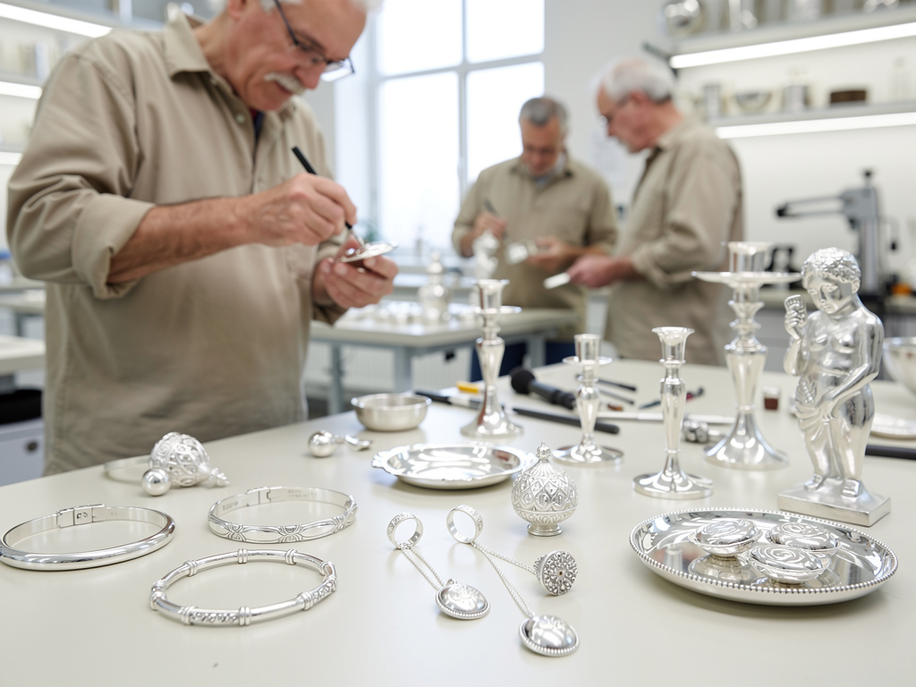 Artesanos revisando y puliendo piezas de plata en taller de orfebrería con joyas, candelabros y bandejas decorativas
