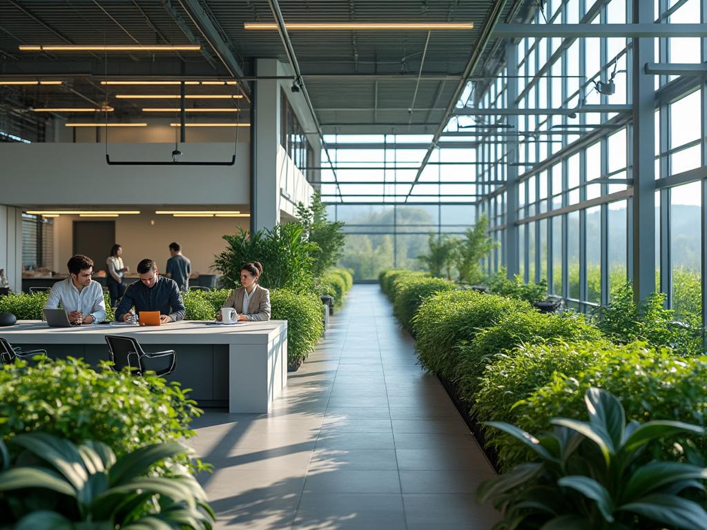 Oficina moderna con grandes ventanales y plantas, personas trabajando en equipo en un ambiente luminoso y natural.