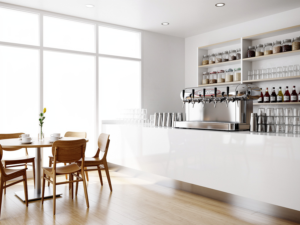 Cafetería moderna y luminosa con máquina de café, barra blanca, estanterías y mesas de madera