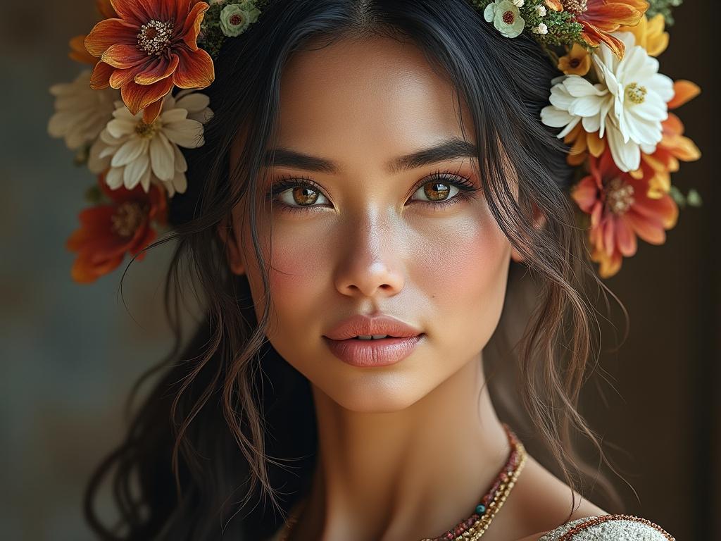 Portrait of a woman with a floral crown, featuring vivid orange and white flowers, with a soft, natural background