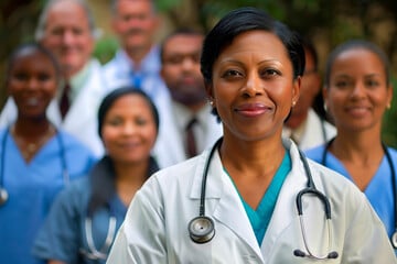 Diverse medical team with a confident female doctor in the foreground wearing a stethoscope.
