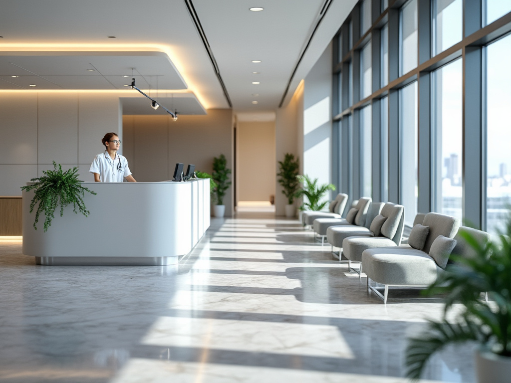 Recepción moderna de hospital con enfermera detrás del mostrador, sillas de espera y plantas decorativas.