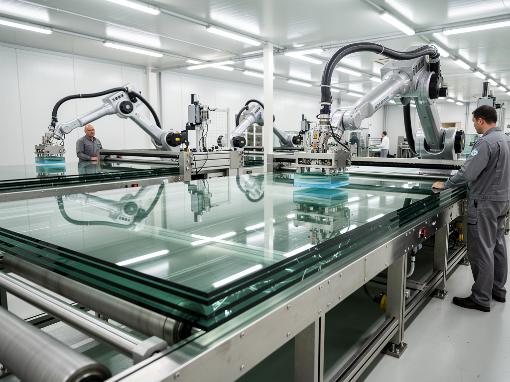 Brazos robóticos automatizados manipulando paneles de vidrio en una línea de producción industrial