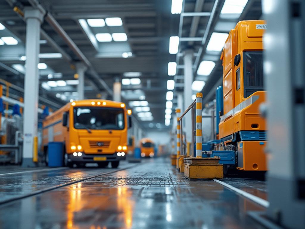 Interior de una fábrica con vehículos industriales de color naranja brillante en un espacio amplio y bien iluminado.