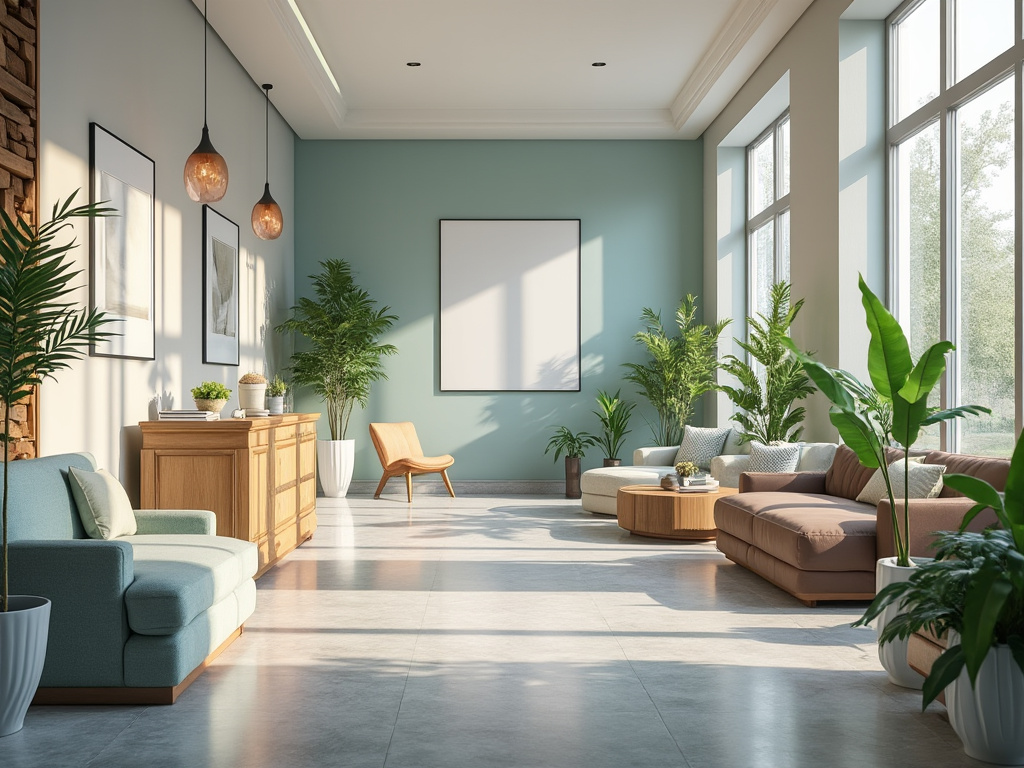 Sala de estar espaciosa y luminosa con muebles modernos y plantas verdes. Sala de estar espaciosa y luminosa con muebles modernos y plantas verdes.