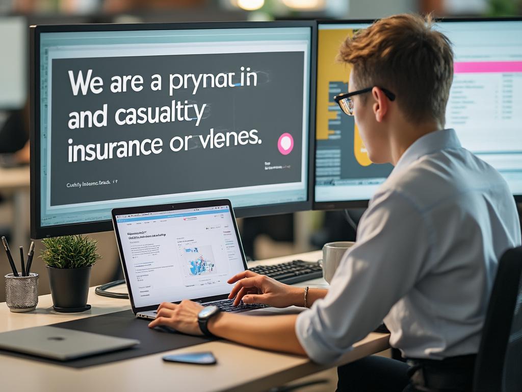 Person working at a desk with two computer monitors displaying business content, focus on insurance text.