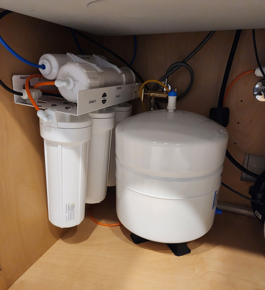 Under the counter water filtration system.
