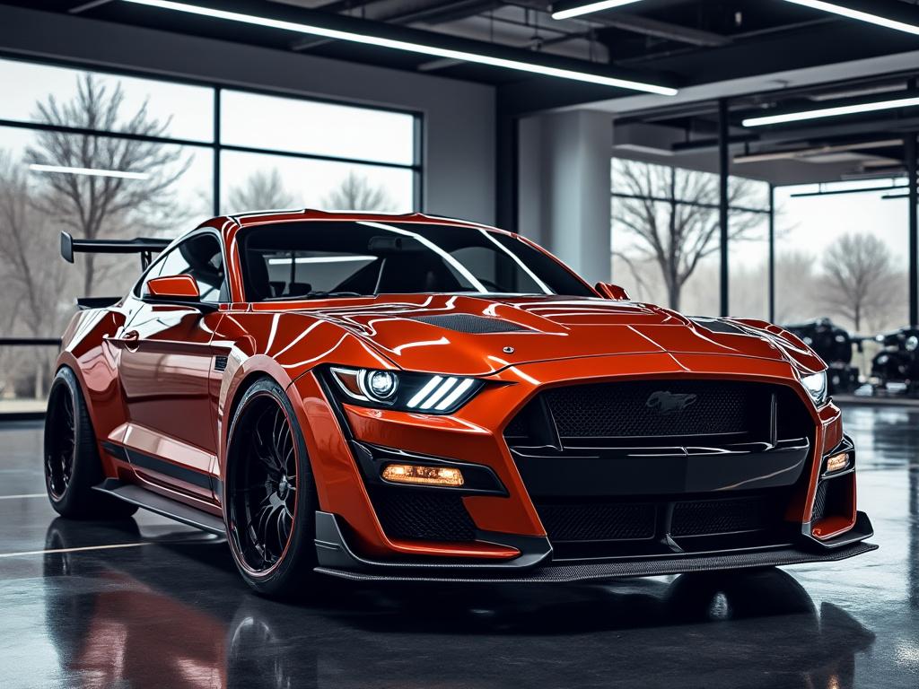 Red sports car with black rims and aerodynamic design in a modern showroom.
