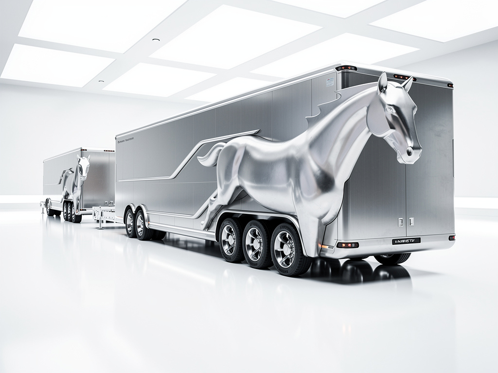 Remolques plateados de lujo para caballos con diseño equino metálico en sala blanca moderna