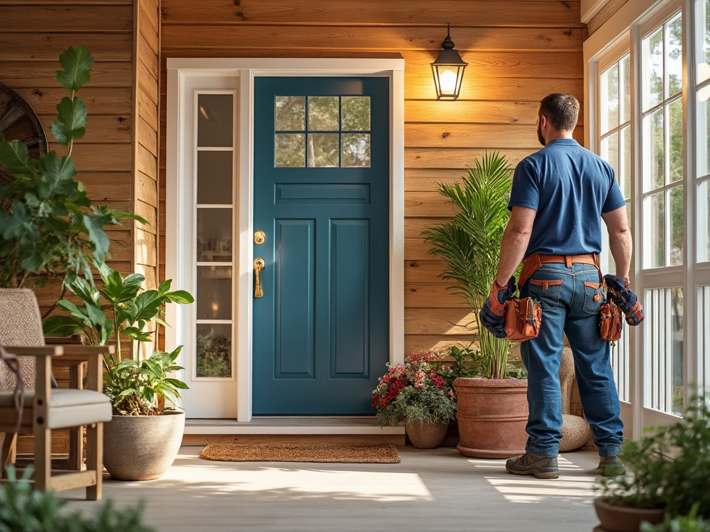 A man holding tools stands on a wooden porch in front of a blue front door, surrounded by potted plants and illuminated by a wall lantern.
