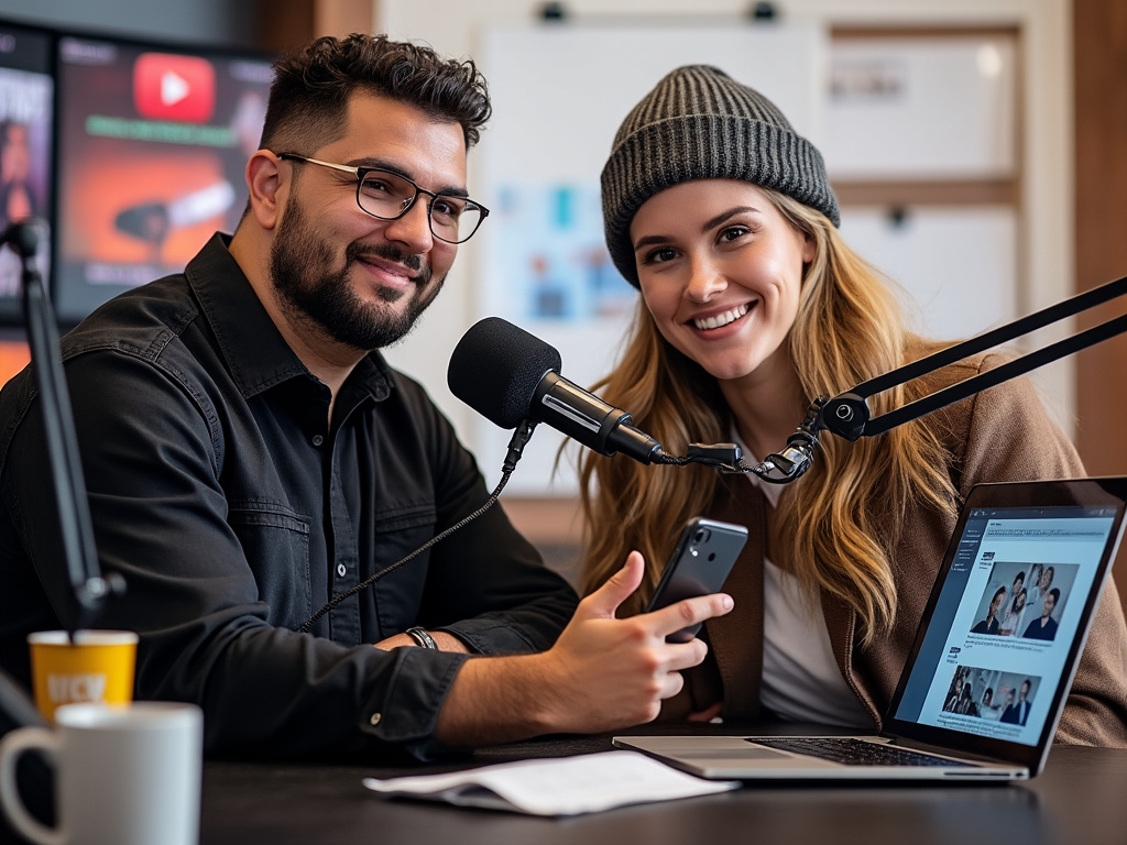 Two people recording a podcast in a modern studio, with microphones, a laptop, and a smartphone.