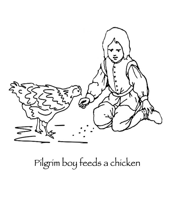 pilgrim boy feeds chicken thanksgiving many hoops coloring page