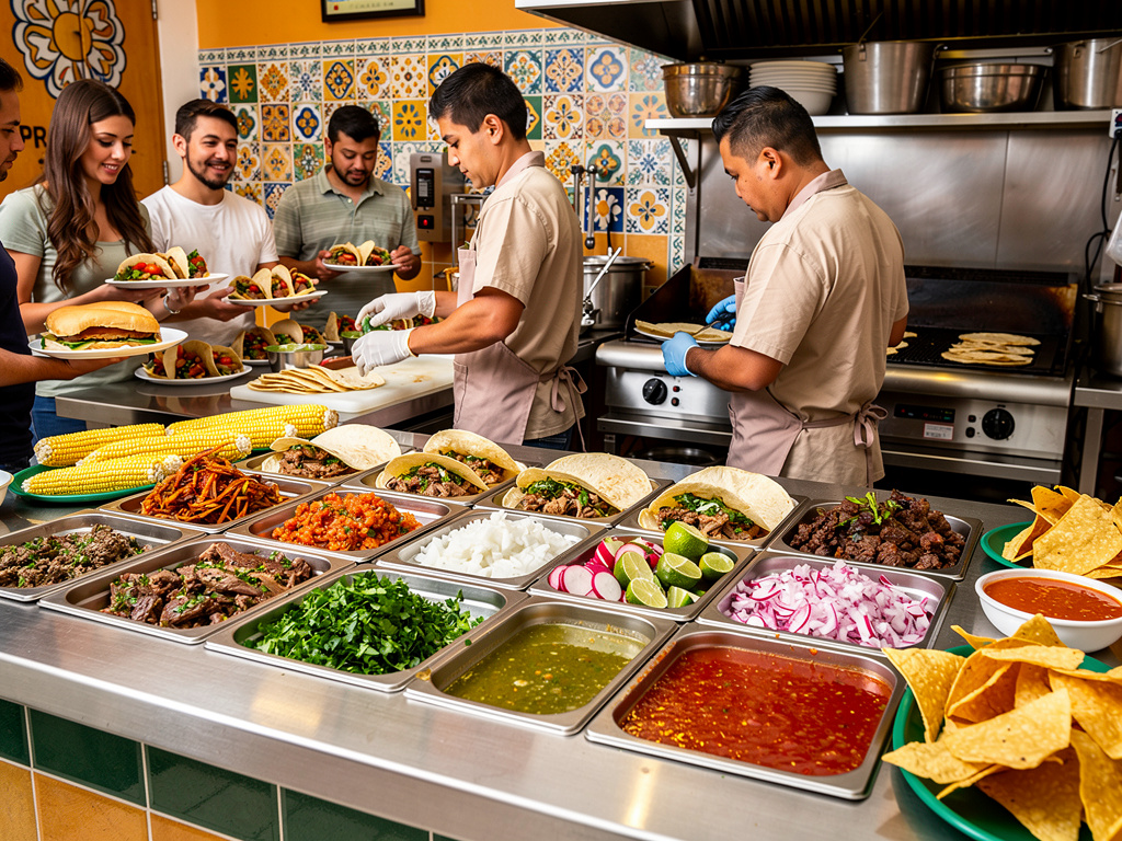Taquería mexicana con cocineros preparando tacos, salsas frescas, tortillas, carne, verduras y totopos en mostrador