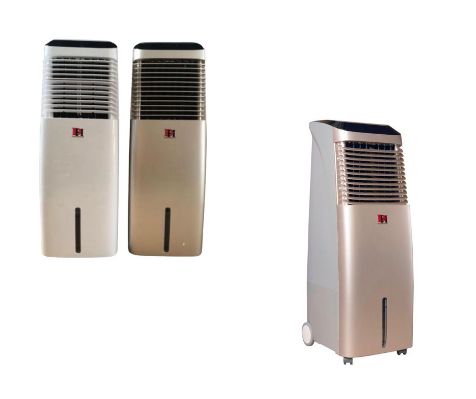 Sistema moderno de ventilación industrial con conductos metálicos y unidades de refrigeración en un ambiente luminoso.
