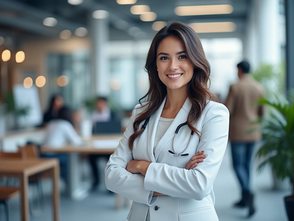 Mujer sonriente con bata blanca y estetoscopio, en oficina moderna.