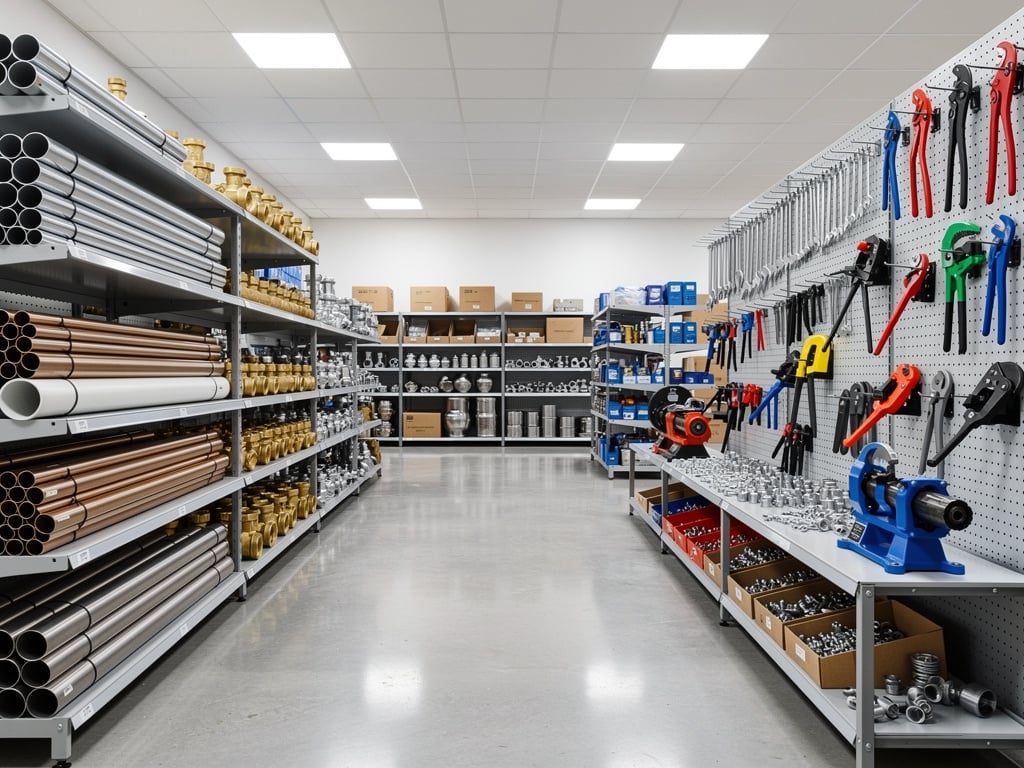 Plumbing supply store aisle with metal pipes, brass fittings, tools, and hardware on organized shelves