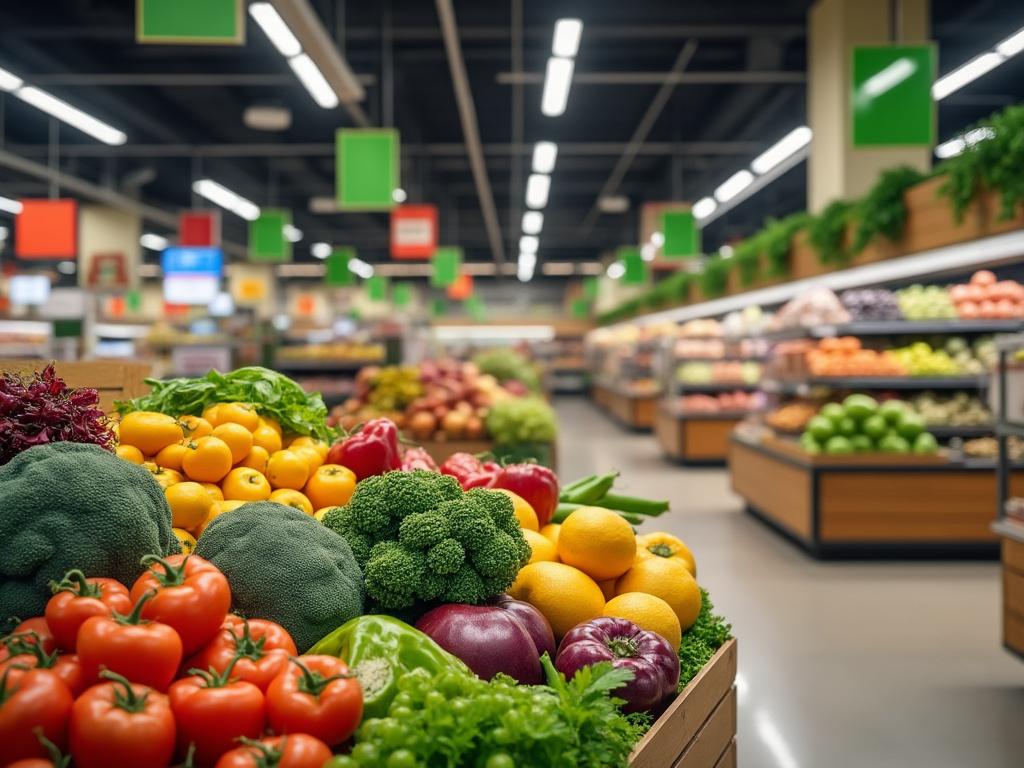 Sección de frutas y verduras frescas en un supermercado moderno con iluminación brillante.
