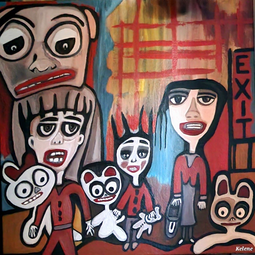 Title Exit to the Left. 24 x 24 acrylic on canvas. Kelene 2023 $400.00