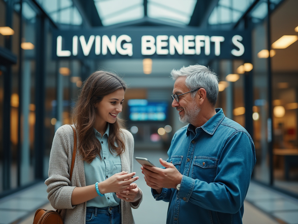 Smiling young woman and older man using a smartphone in a modern shopping mall under a Living Benefits sign Smiling young woman and older man using a smartphone in a modern shopping mall under a Living Benefits sign