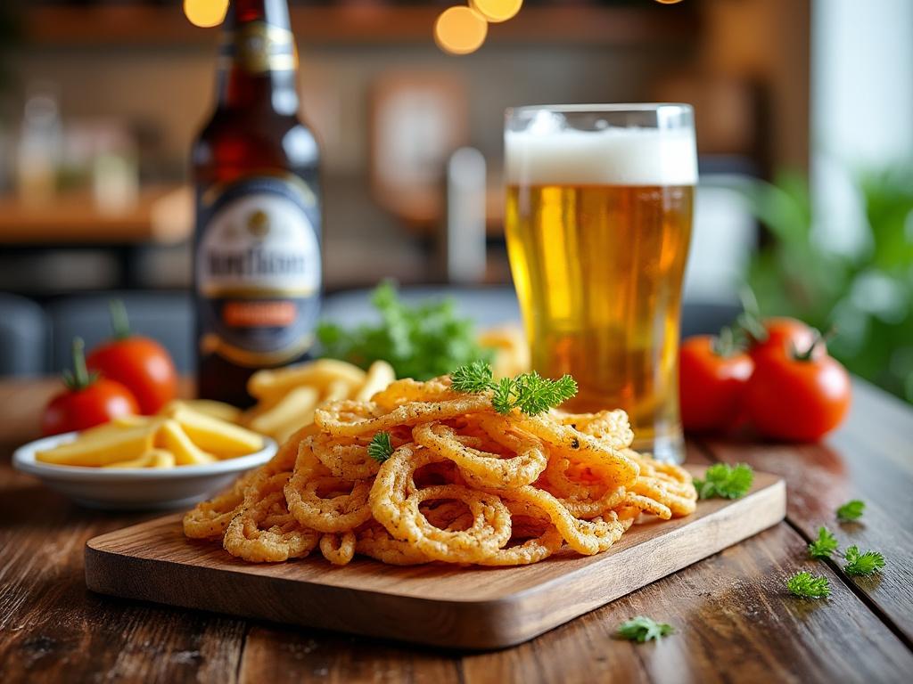 Calamares fritos sobre tabla de madera con cerveza, papas fritas y tomates de fondo en un ambiente acogedor.