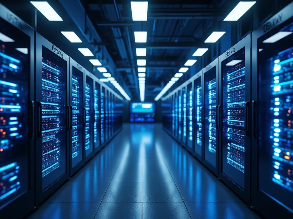 Modern data center with rows of illuminated server racks and a bright central aisle view.