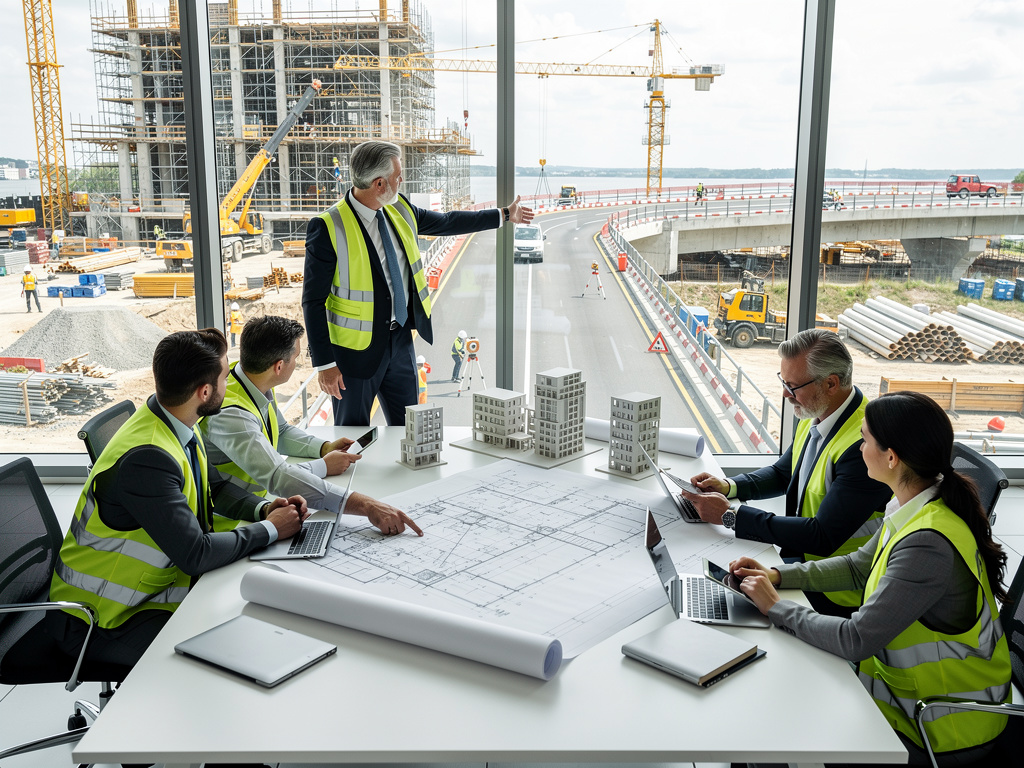Equipo de ingenieros y arquitectos revisando planos en reunión con vista a obra de construcción con grúas y edificios
