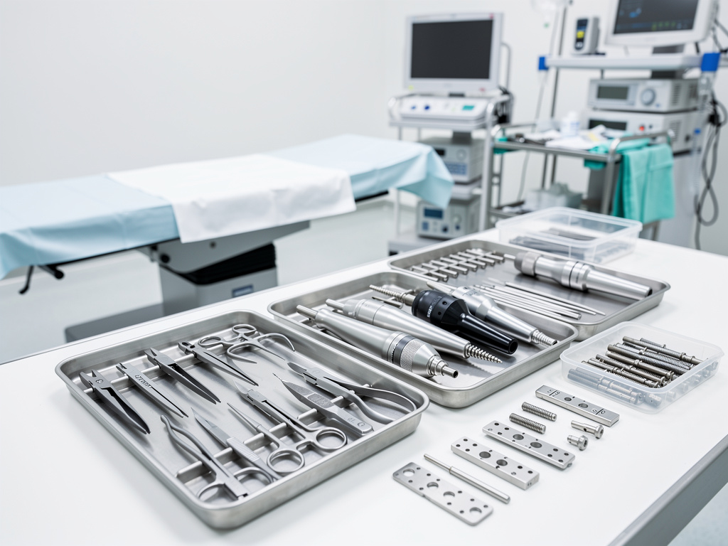 Instrumental quirúrgico esterilizado y dispositivos médicos organizados en quirófano moderno