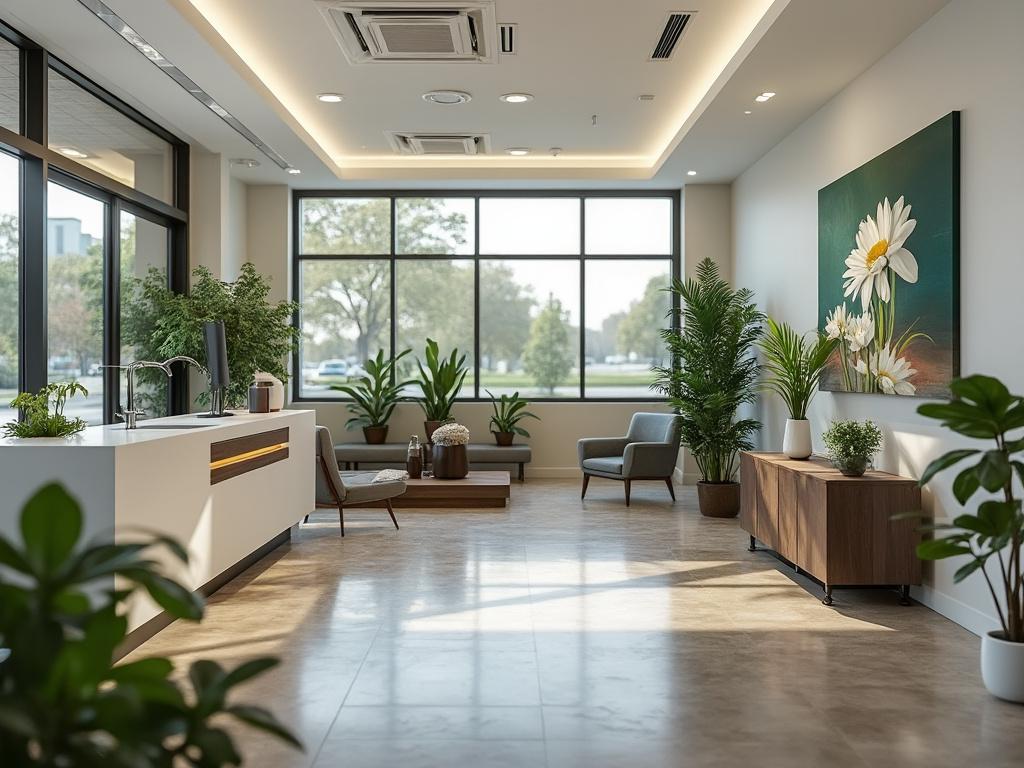 Moderna sala de espera con muebles minimalistas, plantas decorativas y una gran ventana que ofrece vista al exterior, complementada por un cuadro de flores en la pared.