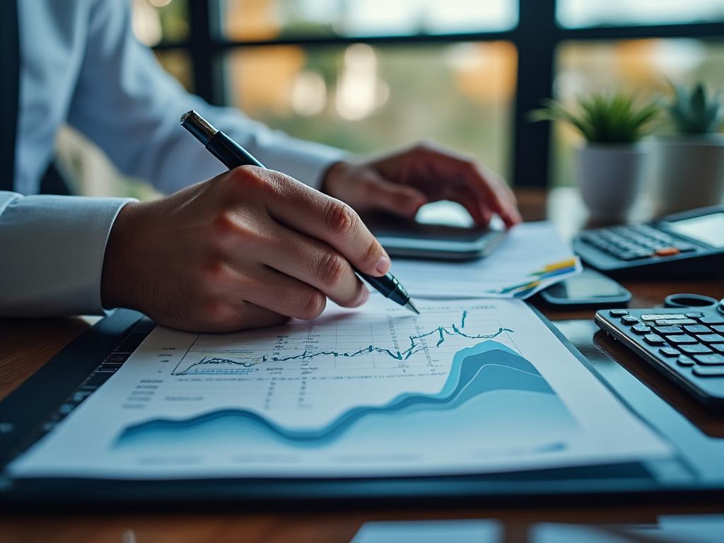 Person analyzing financial graphs on a document with a pen, surrounded by office supplies and a calculator.