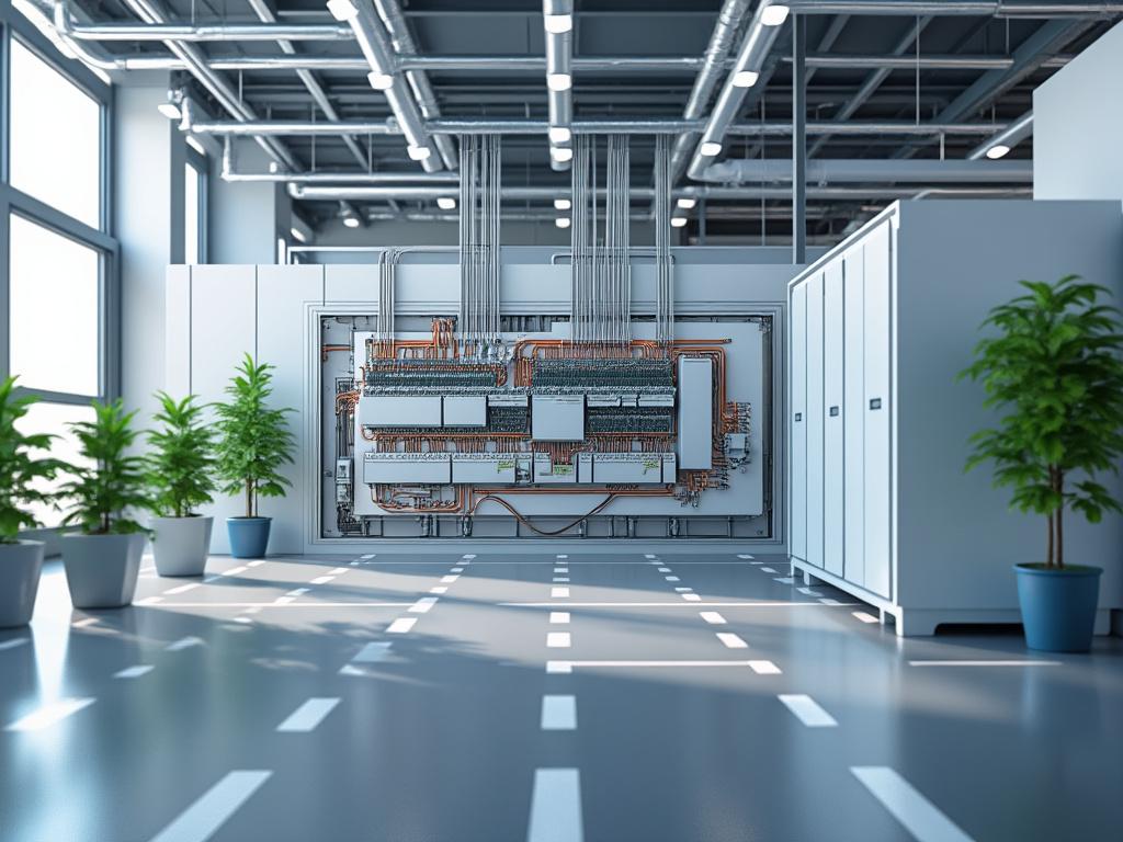 Sala de servidores moderna con cables expuestos y plantas decorativas bajo luz natural.