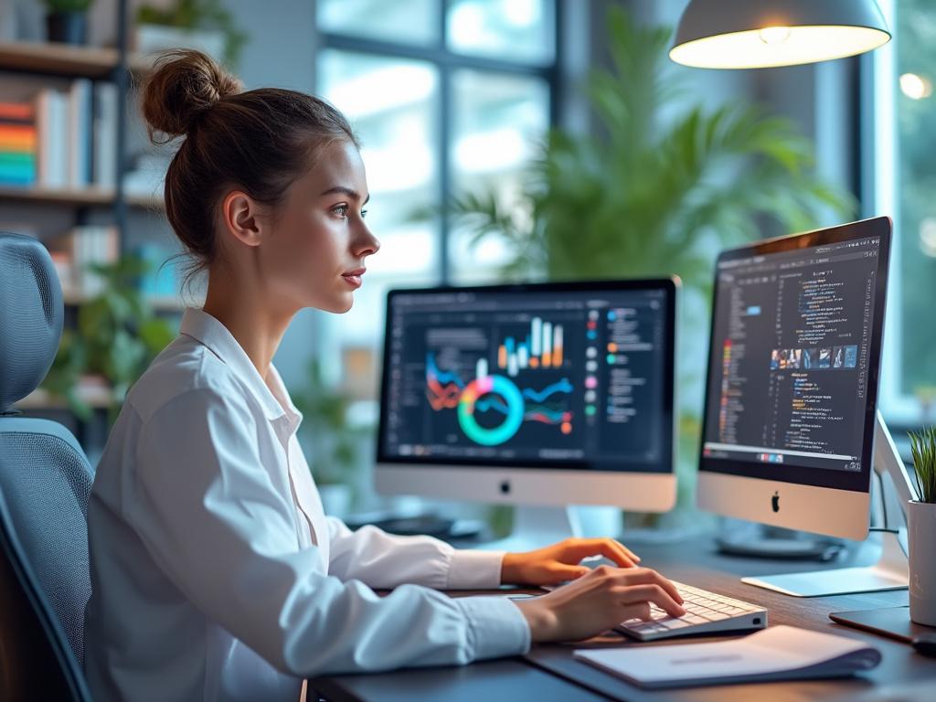 Mujer trabajando en oficina moderna con dos pantallas de computadora, gráficos de datos y código en pantalla, rodeada de plantas.