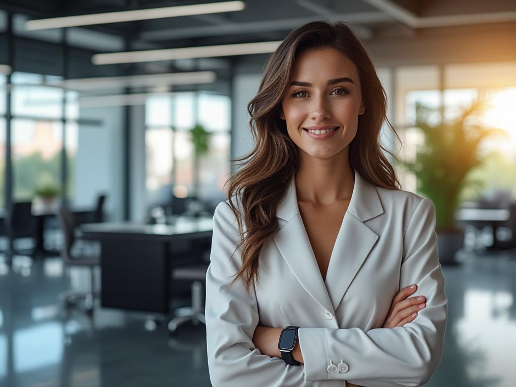 Mujer joven sonriente con chaqueta blanca en oficina moderna, luz natural entrando por ventanales.