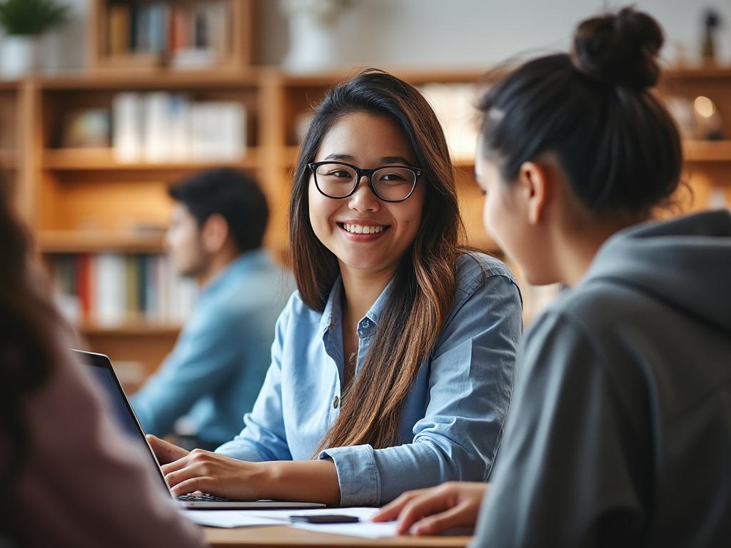 Mujer joven con gafas sonriendo mientras conversa en un entorno de estudio.