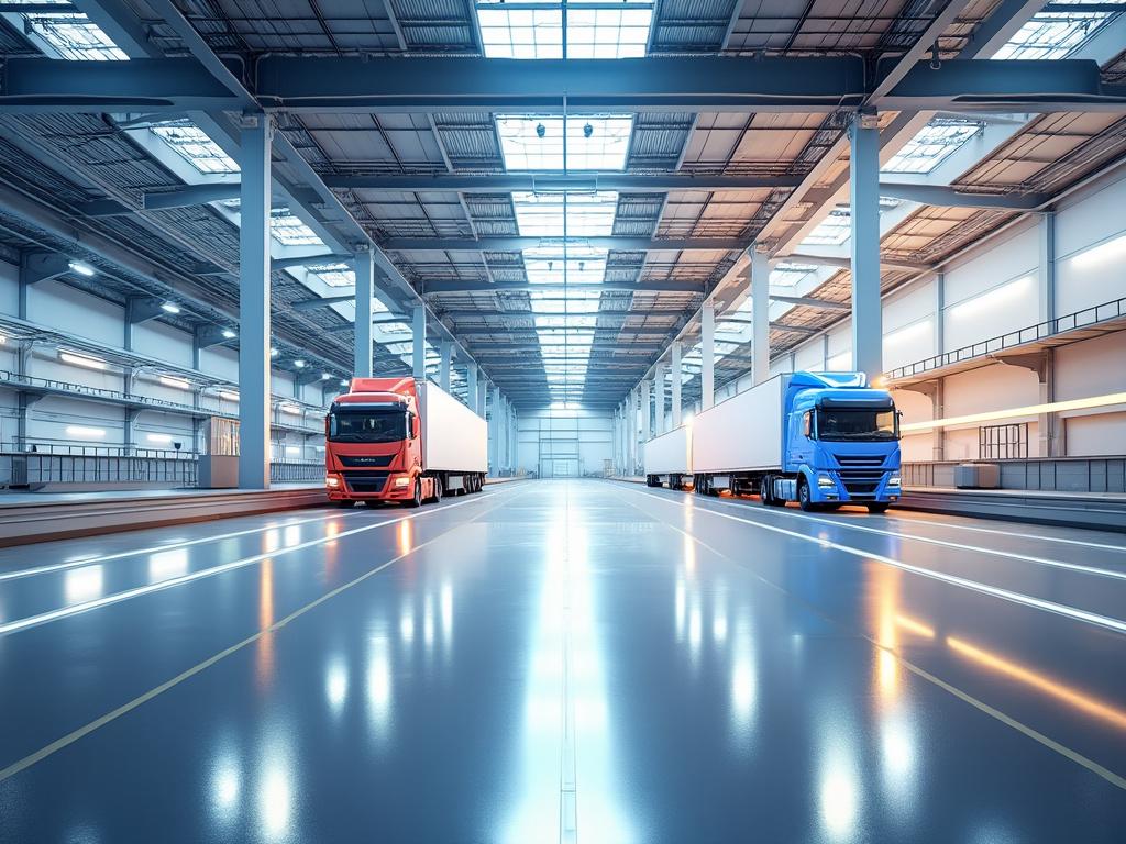 Dos camiones de carga, uno rojo y uno azul, estacionados en un almacén industrial amplio y bien iluminado con techos altos.