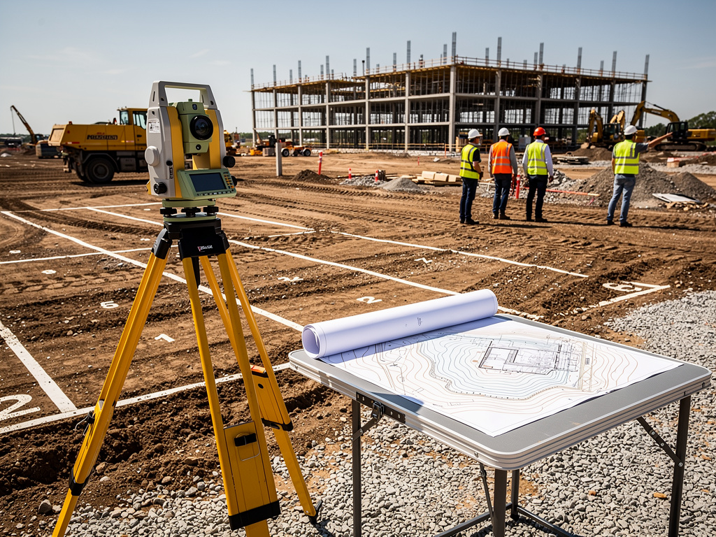 Estación total topográfica con planos en obra de construcción y trabajadores supervisando estructura de edificio