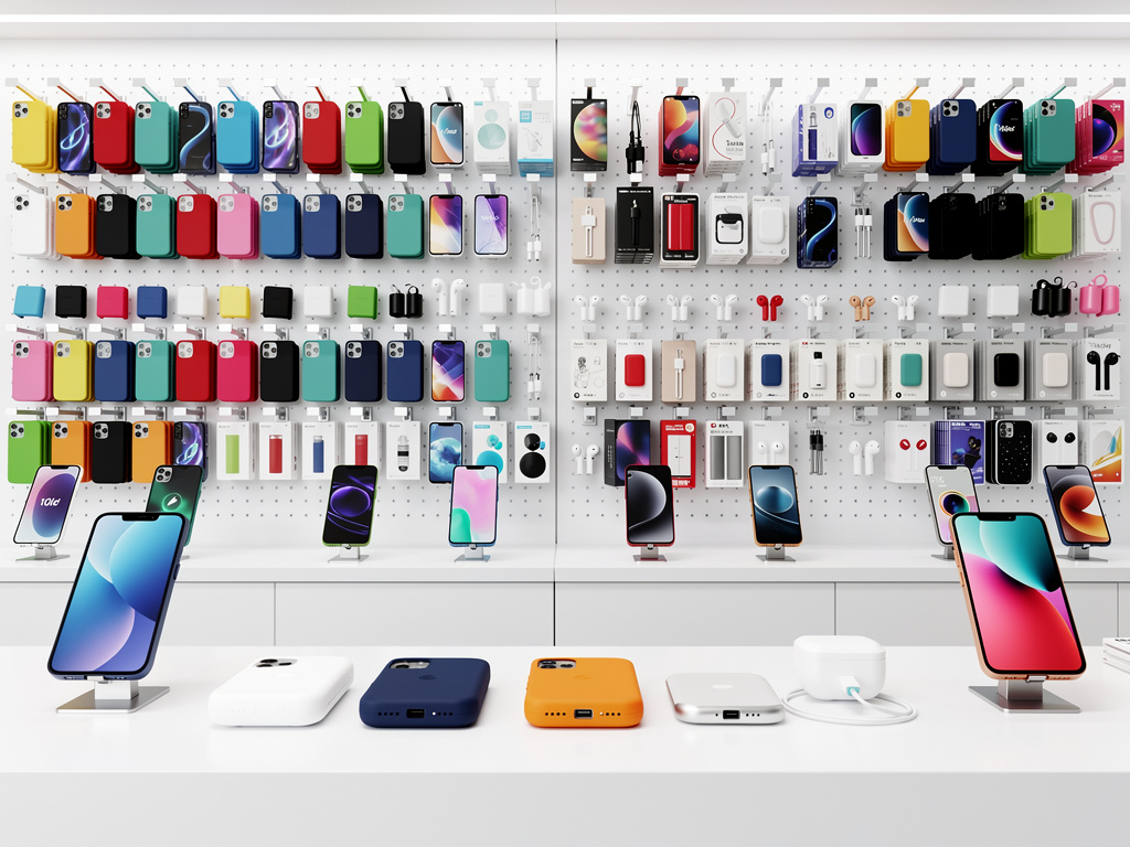 Tienda de accesorios para móviles con fundas coloridas, teléfonos inteligentes, cargadores y auriculares en exhibición