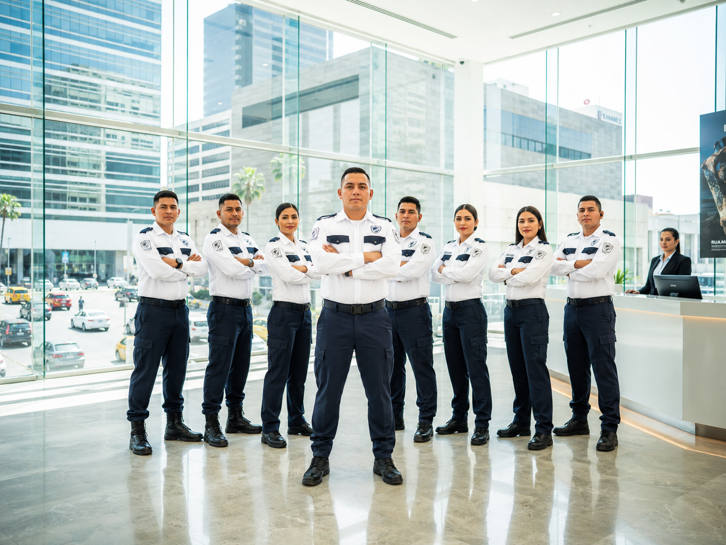 Equipo de policías mexicanos uniformados en lobby moderno de edificio corporativo con ventanales y ciudad al fondo