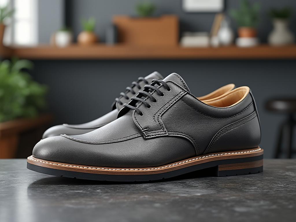 Zapatos de cuero negro sobre fondo decorativo en interior moderno.