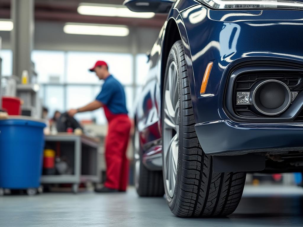 Close-up of a parked blue car's front wheel in an auto repair shop with a mechanic working in the blurred background.