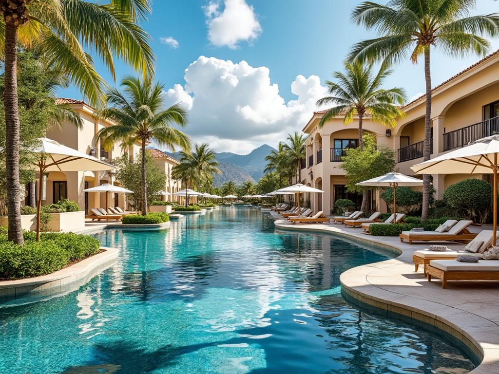 Piscina al aire libre rodeada de palmeras y edificios lujosos con sillas de playa, bajo un cielo azul con nubes y montañas al fondo. Piscina al aire libre rodeada de palmeras y edificios lujosos con sillas de playa, bajo un cielo azul con nubes y montañas al fondo.
