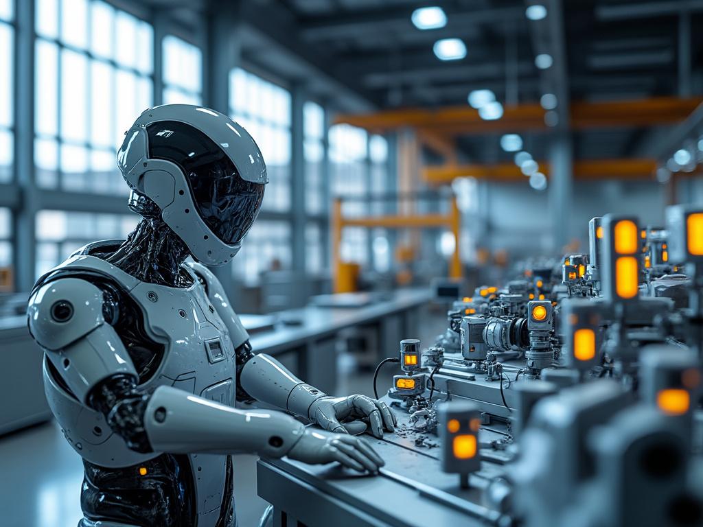 Robot humanoide trabajando en una línea de ensamblaje automatizada en una fábrica moderna, con luces LED anaranjadas. Robot humanoide trabajando en una línea de ensamblaje automatizada en una fábrica moderna, con luces LED anaranjadas.