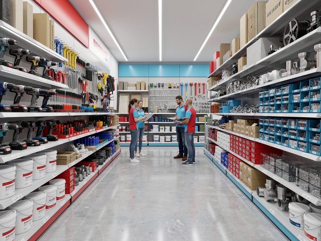 Empleados atendiendo a clientes en una tienda de ferretería con estanterías llenas de herramientas, tornillos y suministros industriales