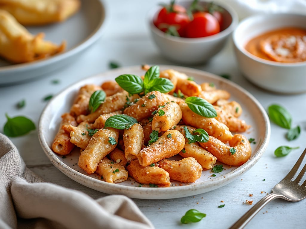 Plato de pasta con salsa roja, decorado con hojas de albahaca y perejil, acompañado de tomates y un tazón de salsa.